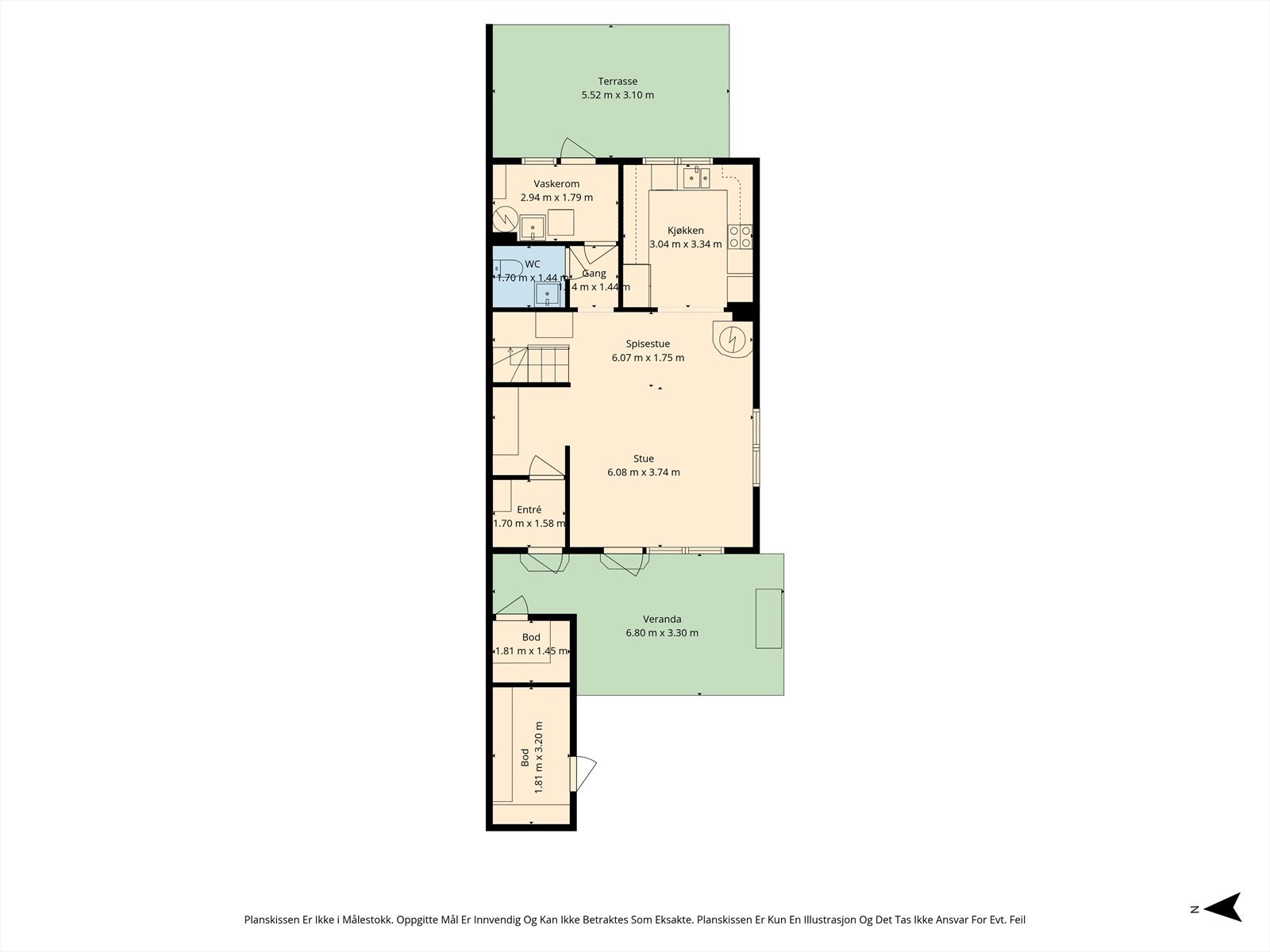 Plantegningen for første etasje viser en sosial sone med stue, kjøkken og separat toalett. Galleribilde