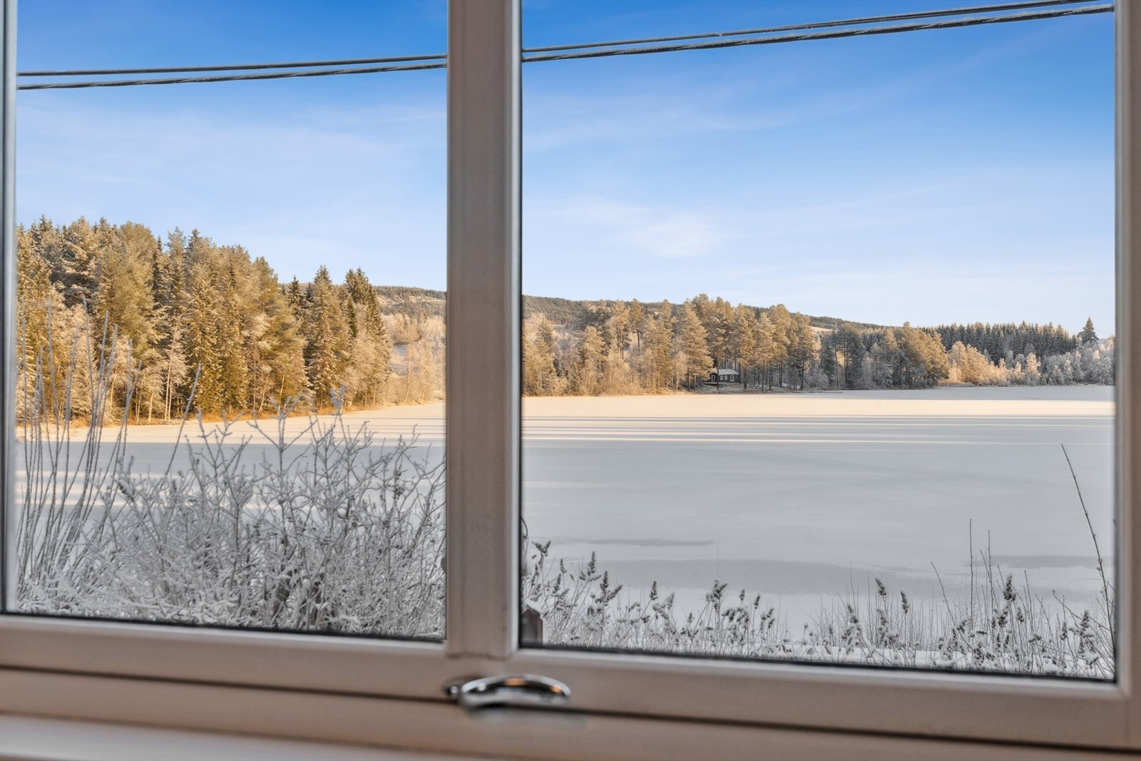 Utsyn mot Skonnoldtjernet fra kjøkkenvinduet. Galleribilde