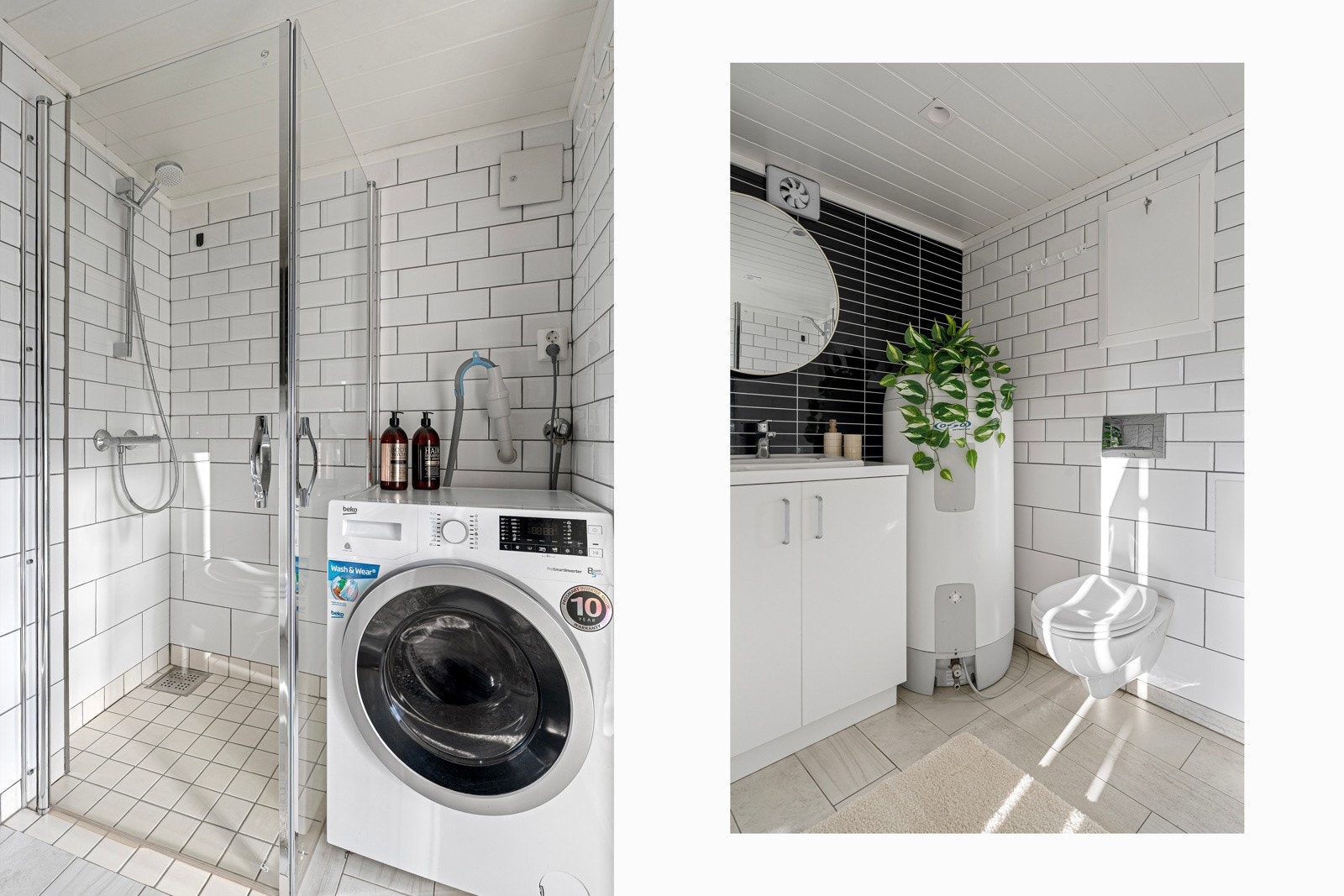 Tiltalende baderom innredet med dusjhjørne, oppbevaring, og opplegg til vaskemaskin. Galleribilde