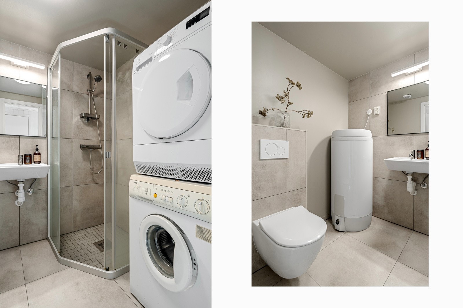 Baderom 2 er innredet med vegghengt toalett, dusjkabinett og opplegg til vaskemaskin, samt varmtvannstank. Galleribilde