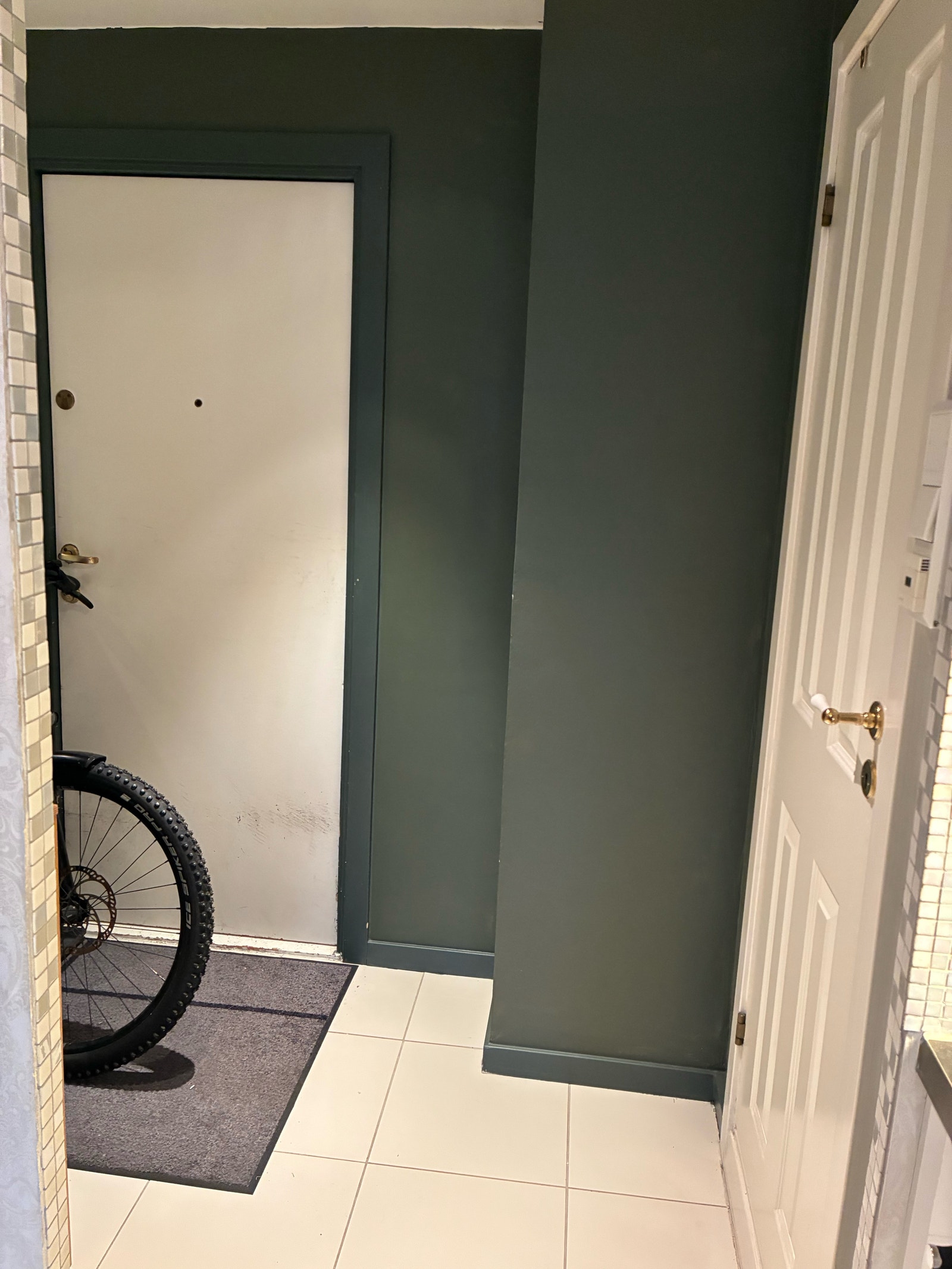 Deler av gangen med plass til lagring av sykkel, et stort garderobeskap og en kommode her eller på veranda Galleribilde