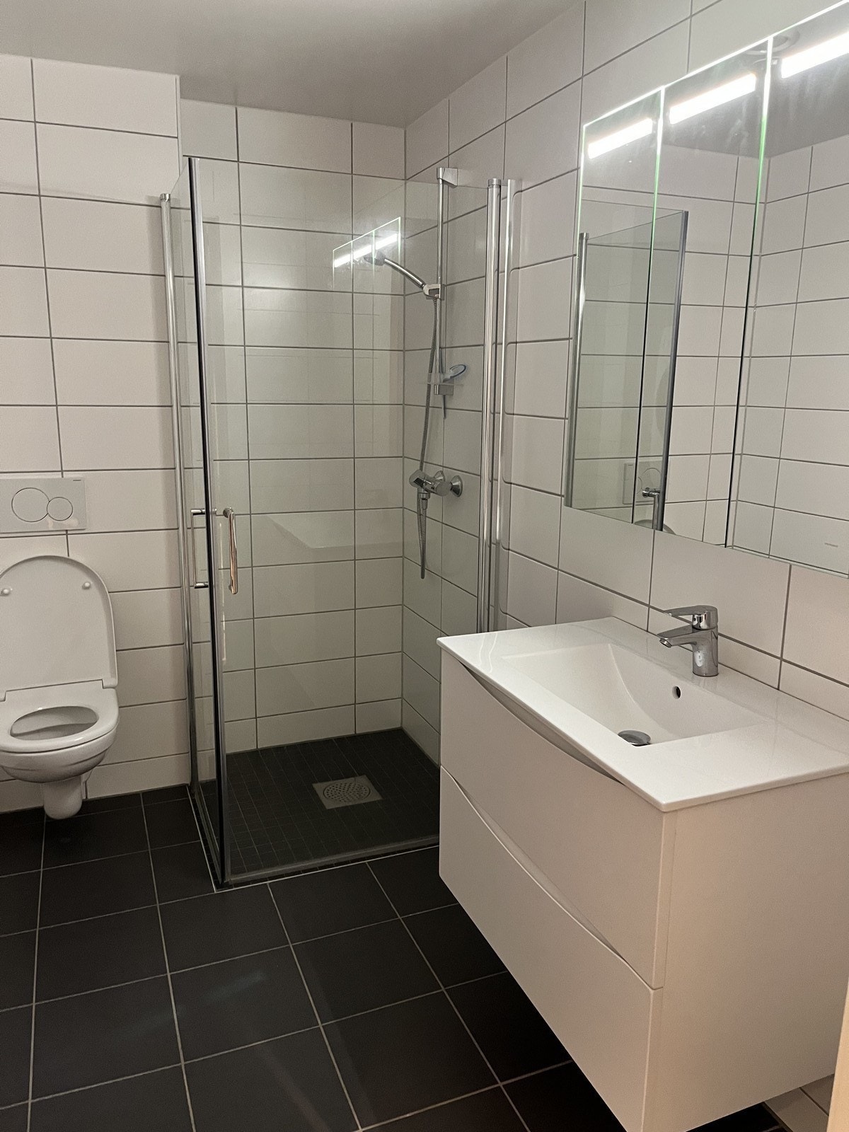 Helfliset baderom utstyrt med wc, dusj og servant m/ speil og oppbevaring. Galleribilde