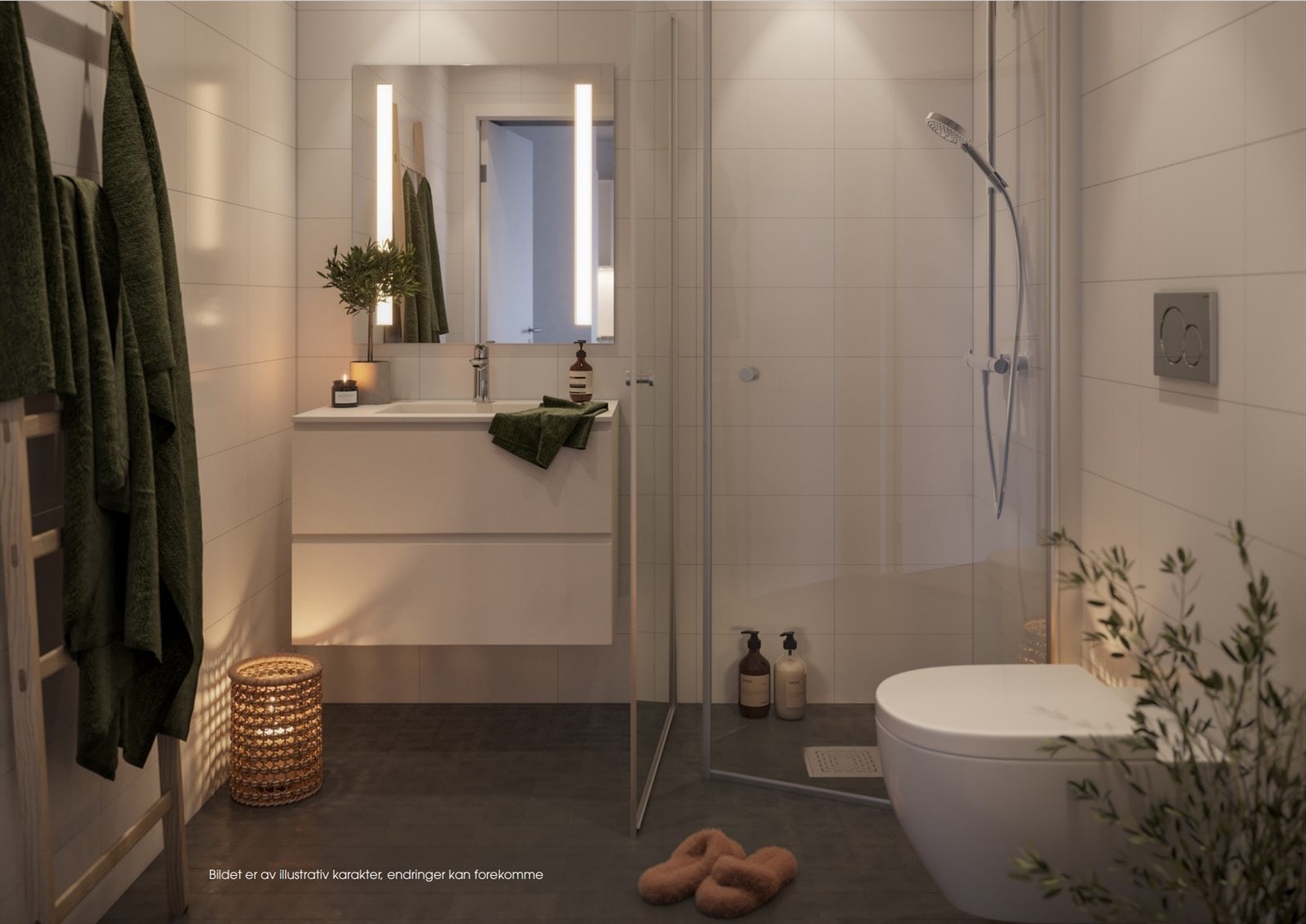 Badet er stilrent og moderne med flislagte overflater, dusj med glassdører og god belysning. Galleribilde