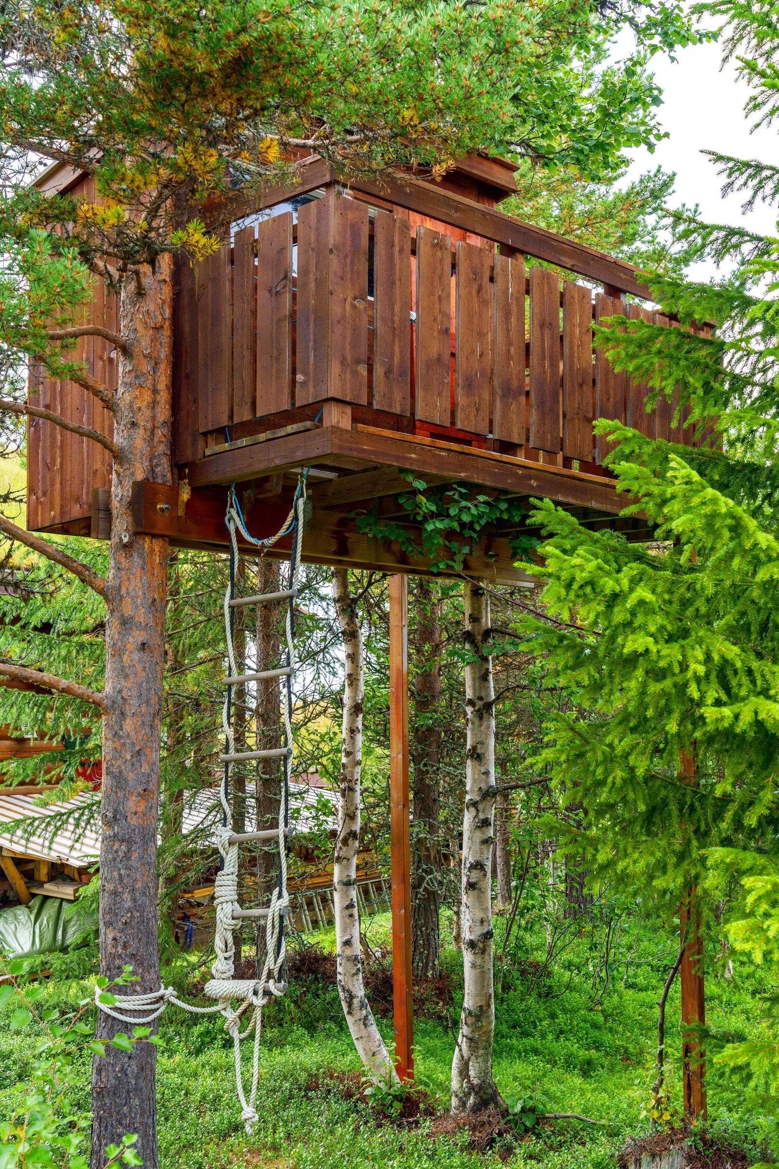 På tomten er det bygget en flott trehytte, perfekt som lekestue til barna. Galleribilde