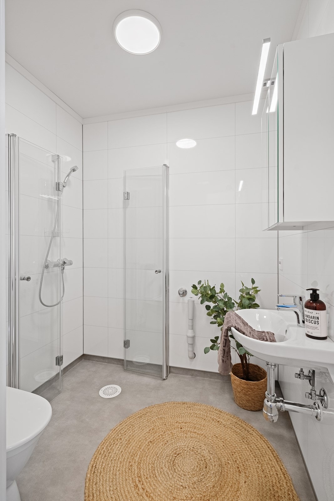 Bad med toalett, dusjhjørne og opplegg for vaskemaskin Galleribilde