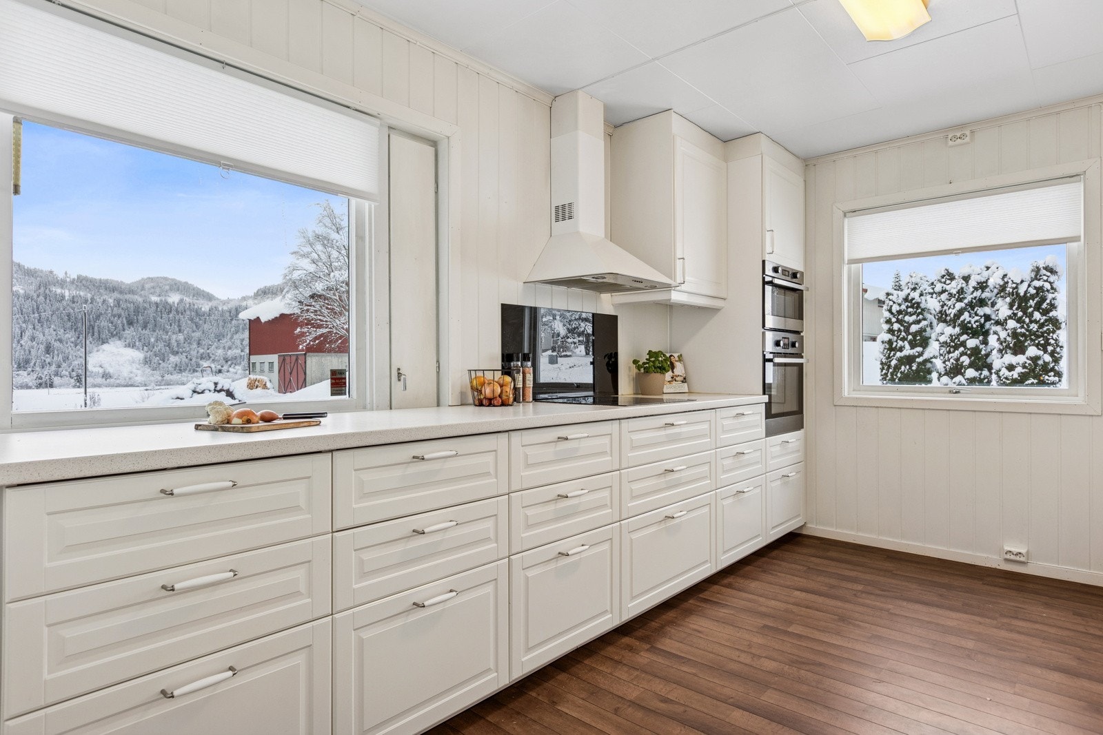 Alt av hvitevarer er integrert og inkludert, bl.a. separate kjøl- og fryseskap i høyskap, induksjonstopp, oppvaskmaskin og stekeovn/micro i arbeidshøyde. Galleribilde