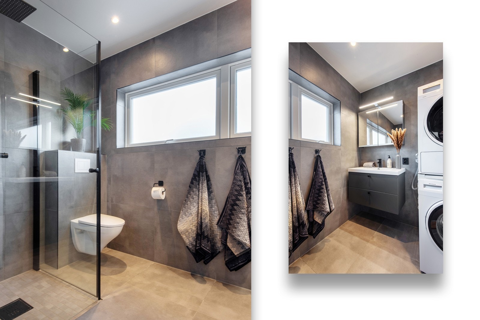 Badet har samme gjennomførte standard som badet i første etasje, men i tillegg er det opplegg for både vaskemaskin og tørketrommel. Behagelig gulvvarme og downlights i himling. Galleribilde