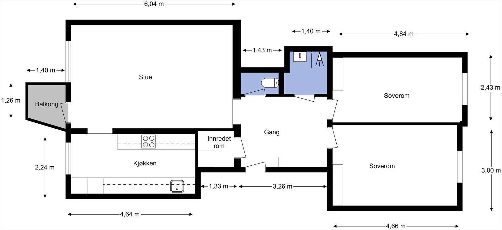 Plantegning fra takstmann. Leiligheten har en gjennomtenkt planløsning med entré, stue, kjøkken, to soverom, innredet rom, bad og toalett. To kjellerboder for lagring. Galleribilde