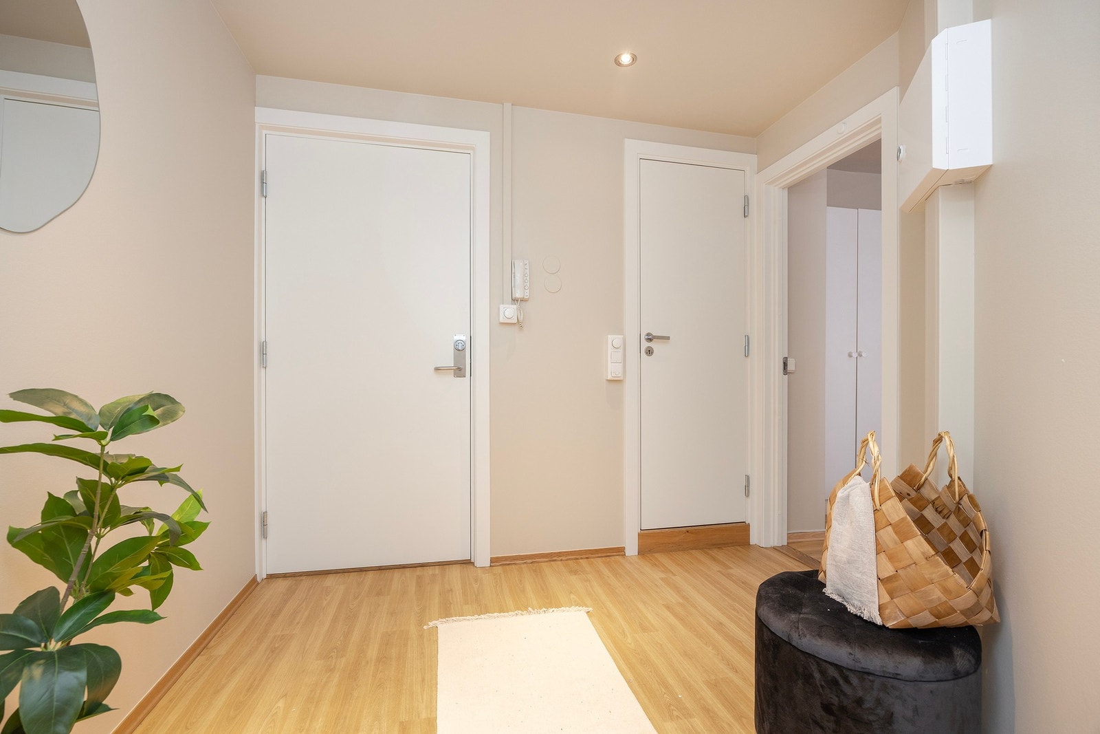 Fra entréen er det tilgang til badet, soverommet og videre inn i stuen/kjøkkenet. Galleribilde