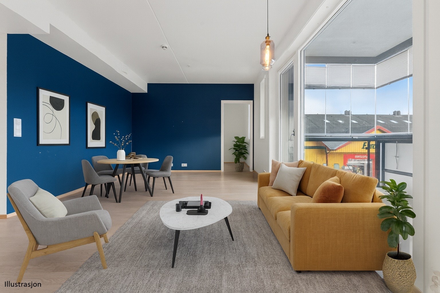 Delikat og romslig stue med gode møbleringsmuligheter. (Illustrasjon) Galleribilde