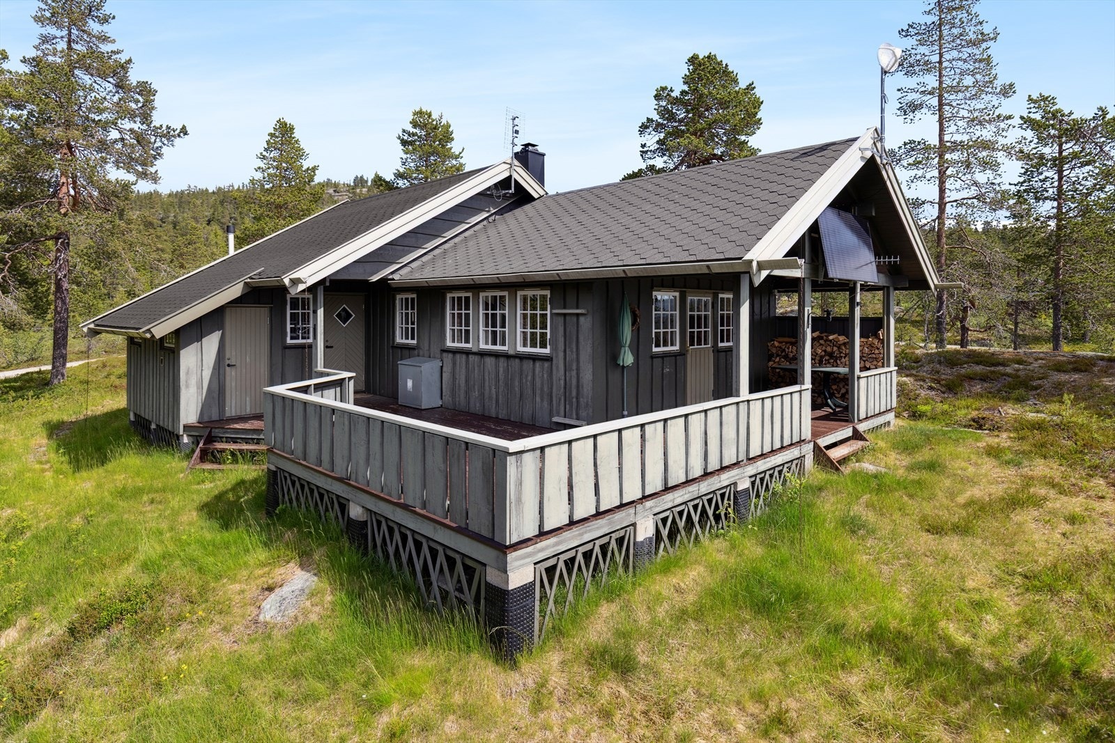 Stor solrik terrasse med utsikt til grønt og fredelig terreng - sommeridyll på sitt beste. Galleribilde
