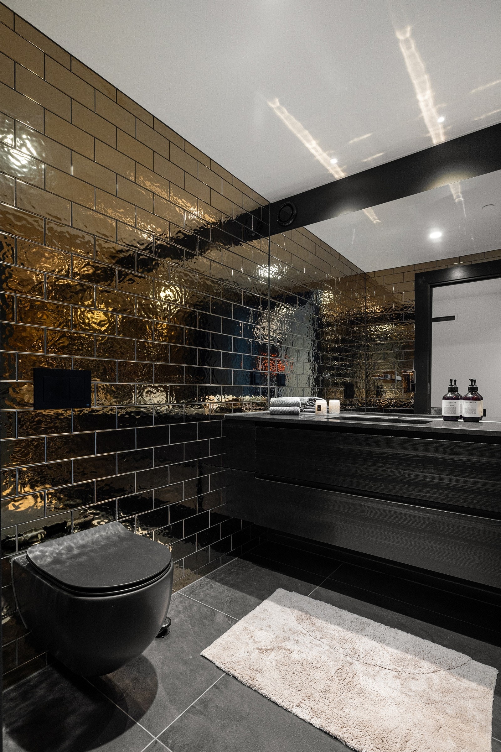 Eget wc i spaavdeling med innebygd servantbatteri i samme utførelse som dusjsonen. Galleribilde