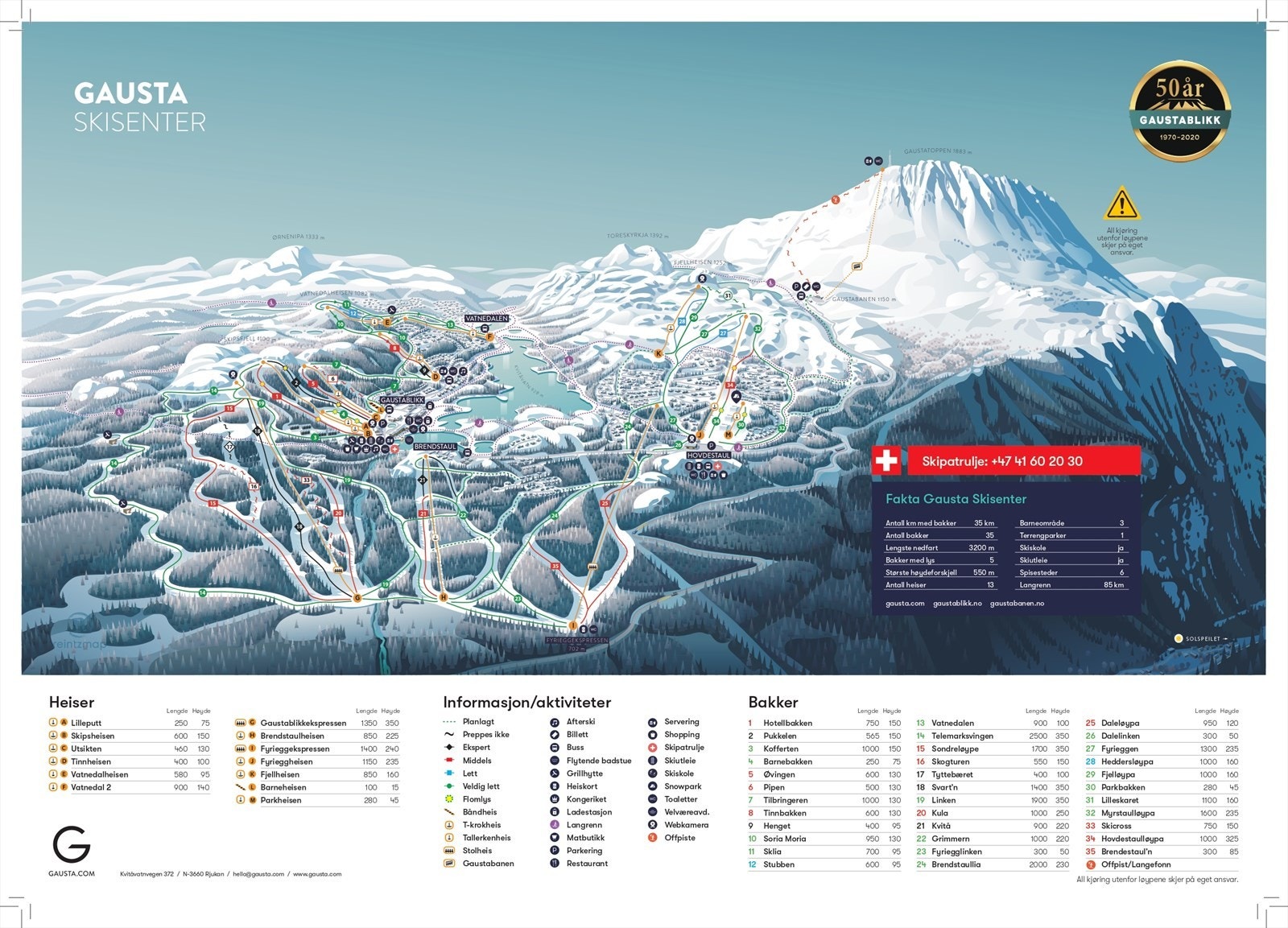 Gausta skisenter | Løypekartet - Her er det 13 heiser, 35 bakker, barneområde, terrengpark, skiskole, skiutleie og offpistekjøring. Galleribilde