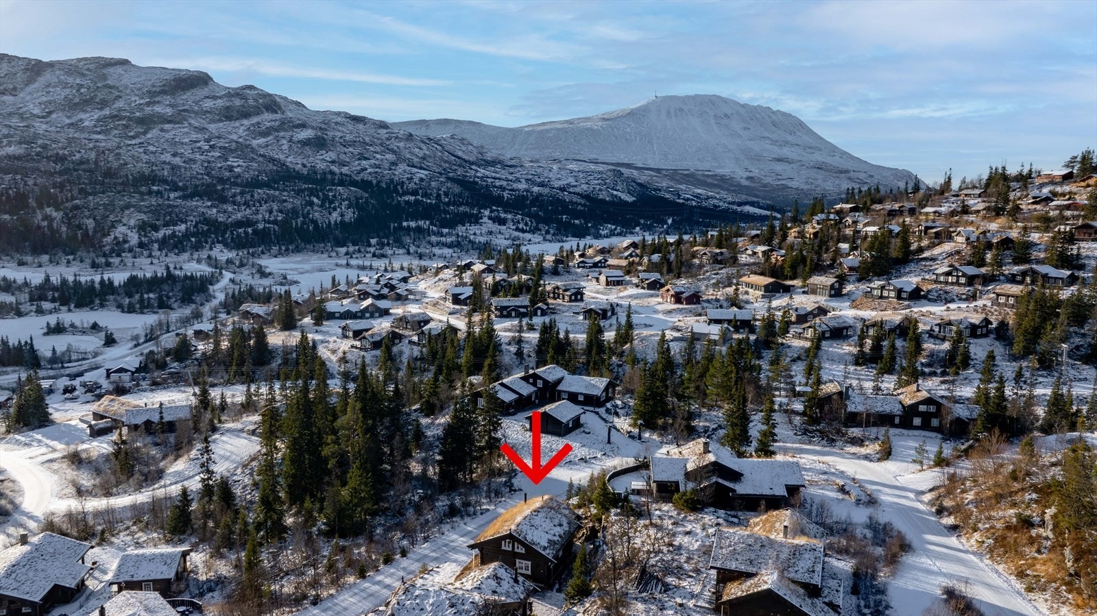 Dronefoto. Se rød pil for markering av hytta. Galleribilde