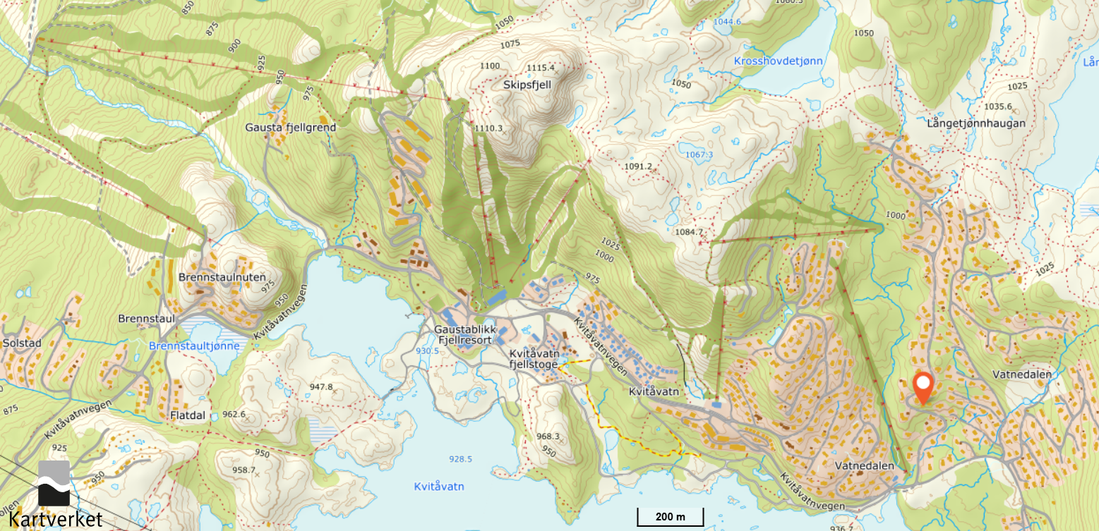 Se pil for beliggenheten til hytta. Mørkegrønne partier viser alpinbakkene. Galleribilde