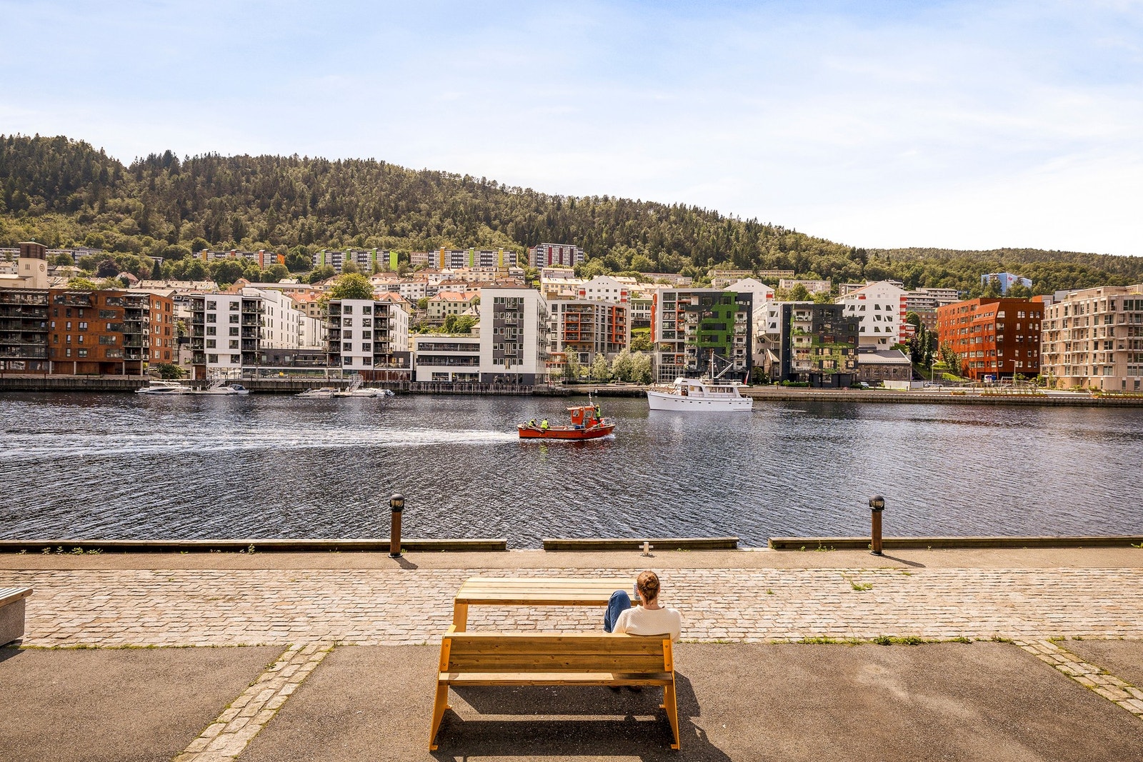 I front av bygningene er det stor felles kai med benker og badetrapp - En nydelig plass å nyte varme sommerdager Galleribilde