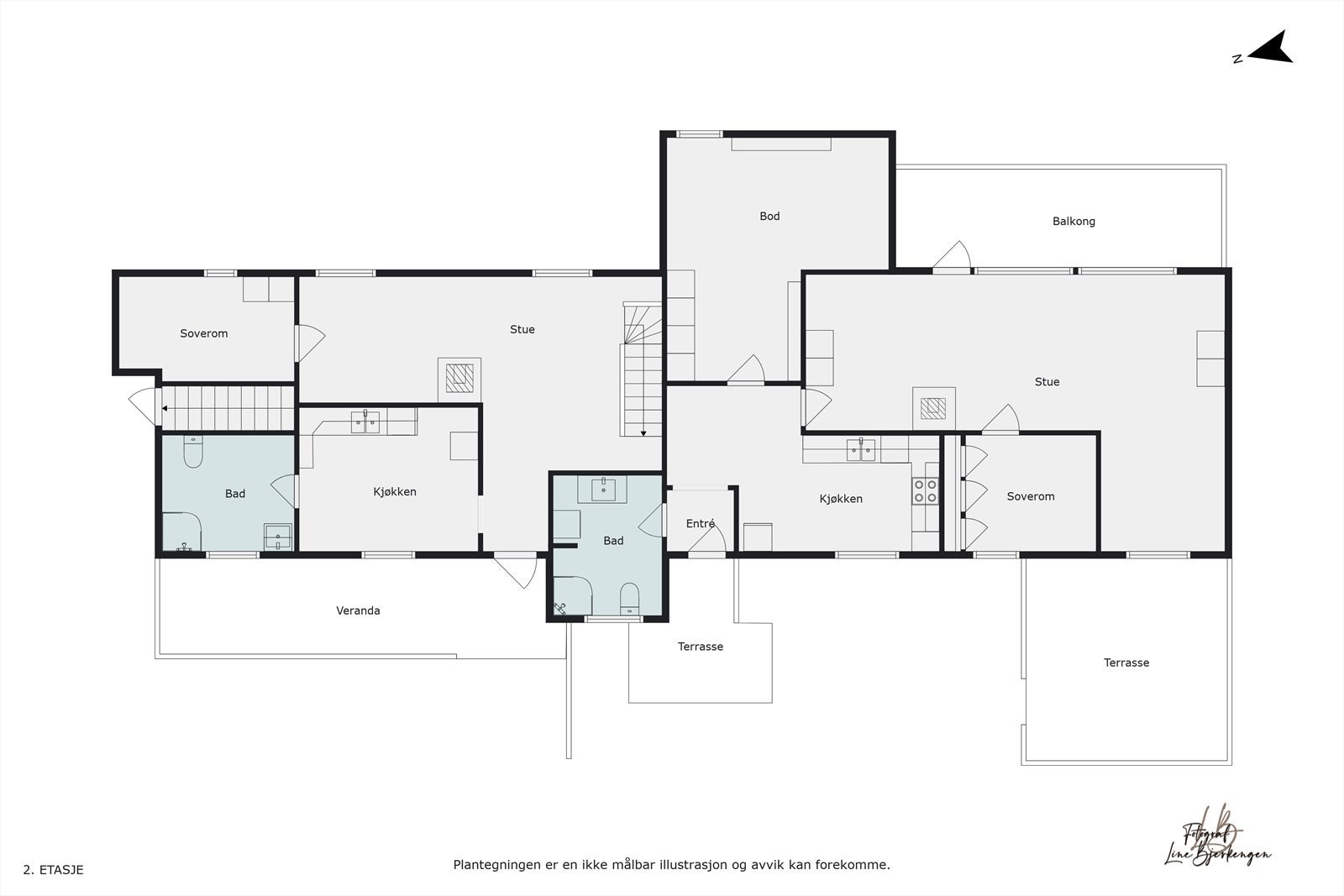 Plantegning hele hovedplan - "Bod" er delt med et trappetrinn ned er medregnet som soverom nr 3 Galleribilde