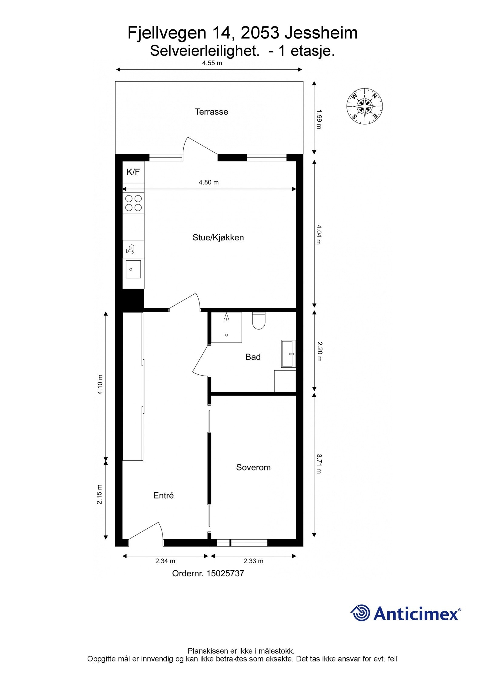 Plantegning. Med leiligheten følger en garasjeplass i felles garasjeanlegg i kjelleren. I tillegg disponerer leiligheten en kjellerbod på ca. 11m². Galleribilde