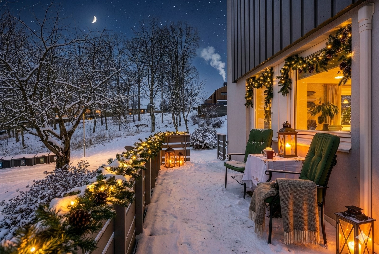 Fra stuen er det utgang til uteplass som tilhører sameie (rømningsvei), men som benyttes av denne leiligheten. Det gjøres oppmerksom på at bilde er AI generert og avviker fra virkeligheten. Bilde er ment som en illustrasjon av omgivelsene. Galleribilde