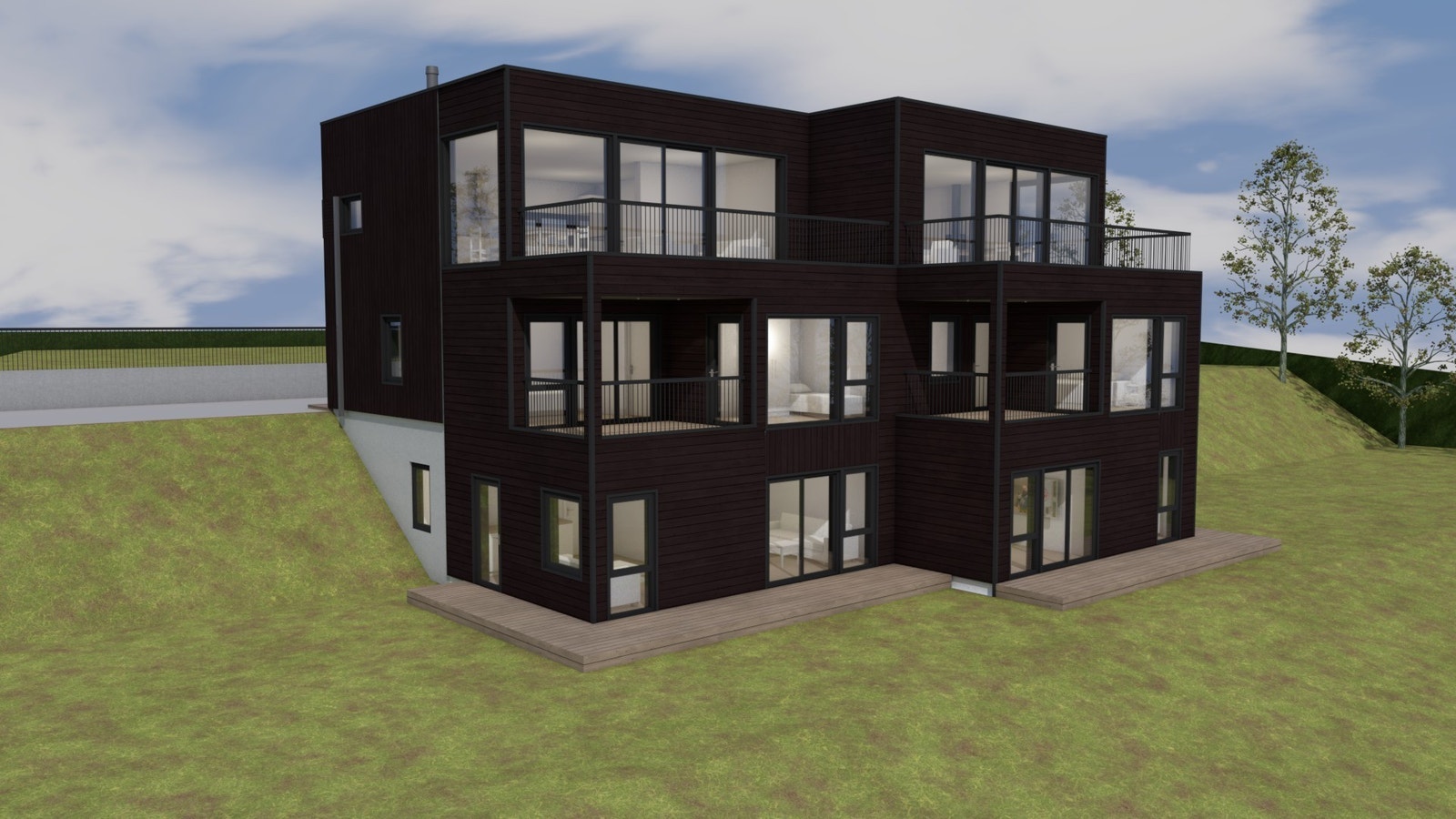 Illustrasjon av tomannsbolig som er tegnet og sendt inn til kommunen, men som ikke er realitetsbehandlet grunnet krav om regulering ved bygging av tomannsbolig. Det kan bygges stor enebolig uten regulering. Resterende tegningsunderlag kan oversendes på fo Galleribilde