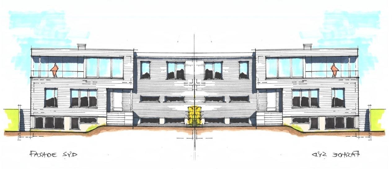 Forslag til bygnign tegnet av Skaara arkitekter for aktuell tomt. Resterende tegningsunderlag kan oversendes på forespørsel. Galleribilde