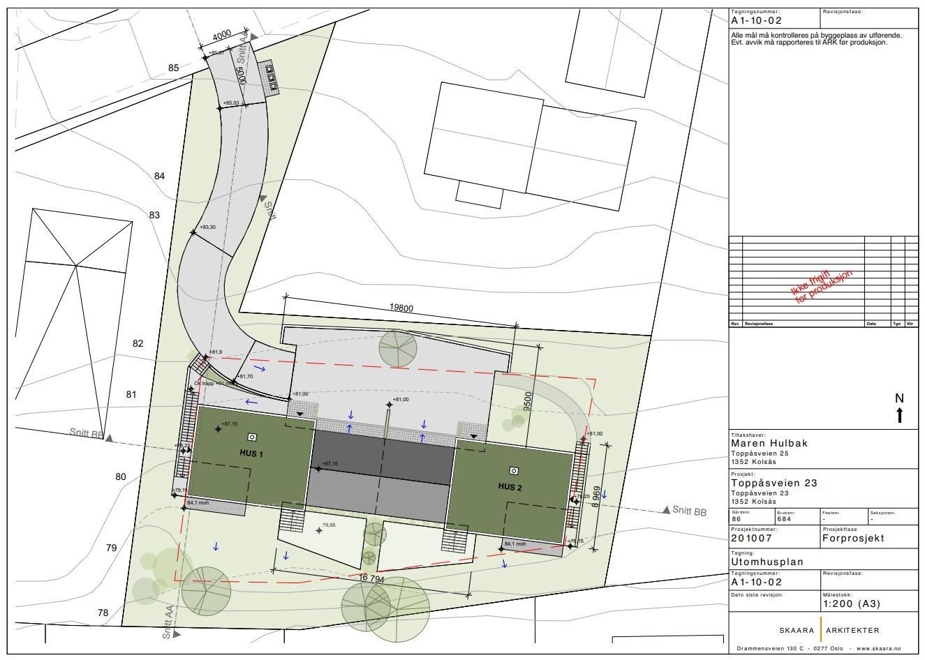 Forslag til bygnign tegnet av Skaara arkitekter for aktuell tomt. Resterende tegningsunderlag kan oversendes på forespørsel. Galleribilde