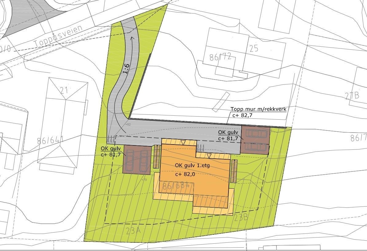 Illustrasjon av tomannsbolig som er tegnet og sendt inn til kommunen, men som ikke er realitetsbehandlet grunnet krav om regulering ved bygging av tomannsbolig. Det kan bygges stor enebolig uten regulering. Resterende tegningsunderlag kan oversendes på fo Galleribilde