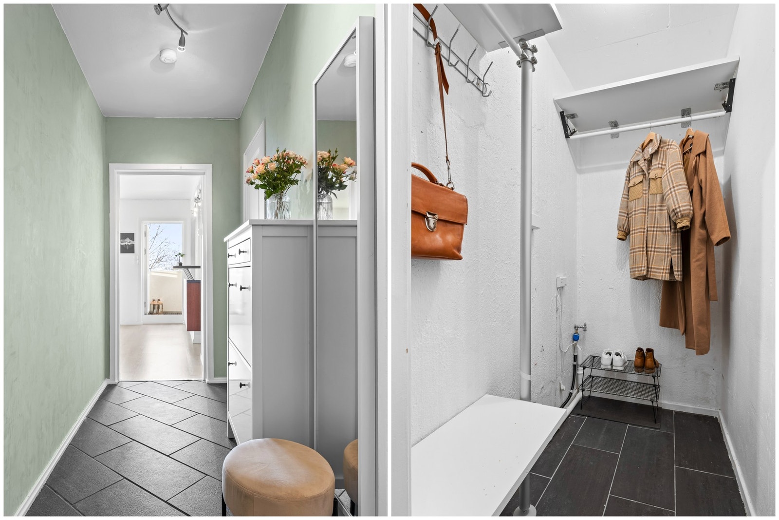 Leiligheten har en fin entré, med tilgang til et praktisk lagringsrom. Her er det fin plass til å henge fra seg ytterklær, mm. Det er også installert opplegg til vaskemaskin her, utført av rørlegger. Det er installert water guard. Galleribilde