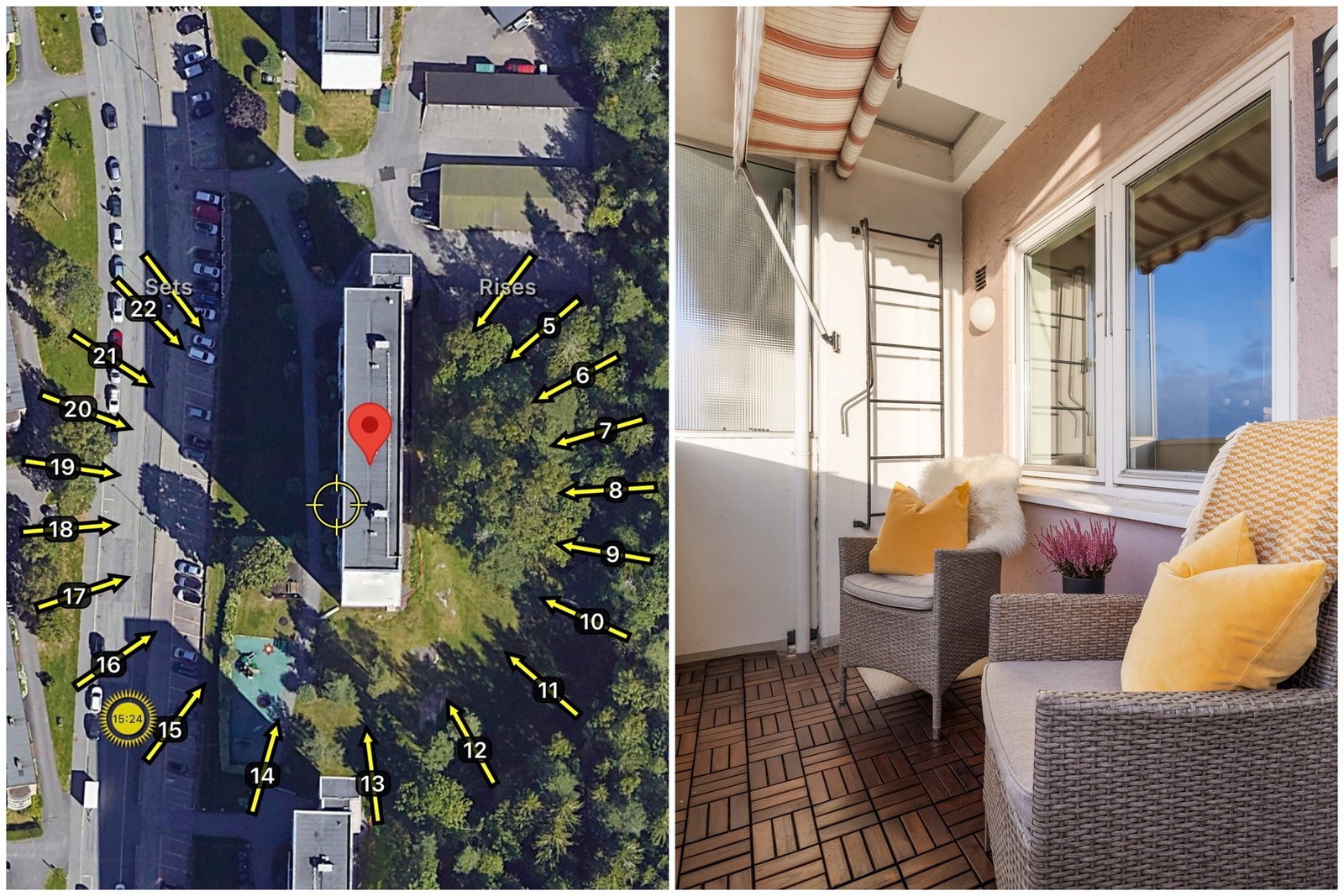 Den vestvendte beliggenheten gir gode solforhold. Det er montert elektrisk markise, som kan skjerme mot solen når ønskelig. Galleribilde