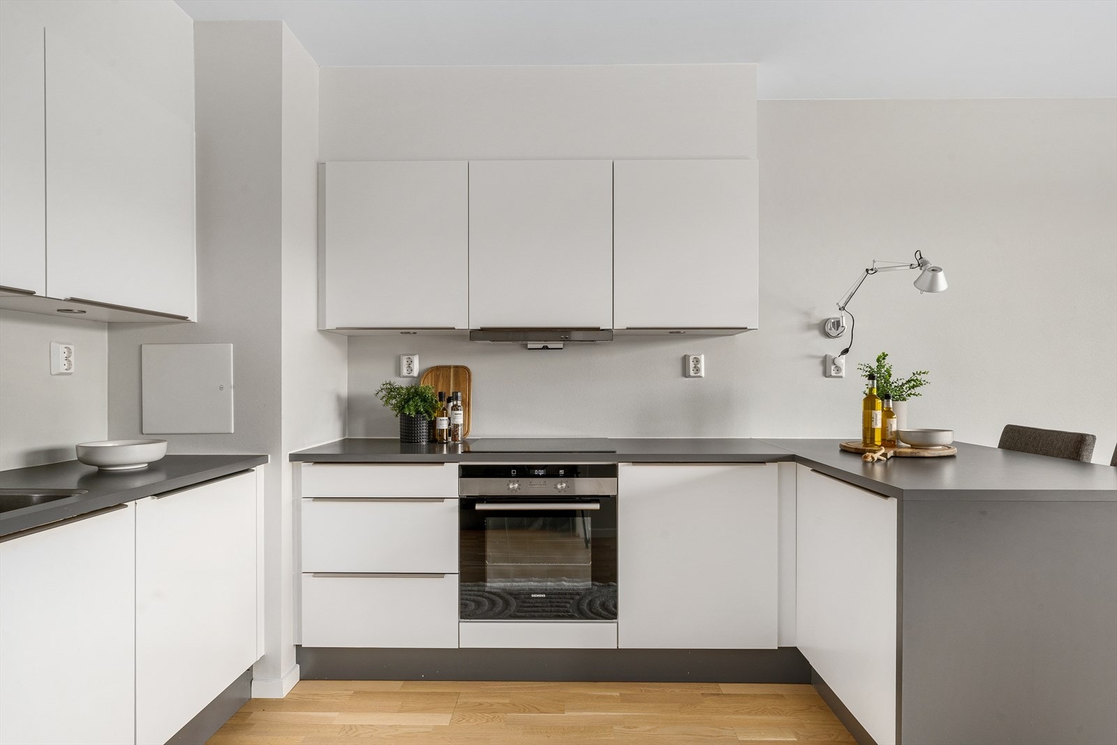 Kjøkken med rene linjer og integrerte hvitevarer. Galleribilde