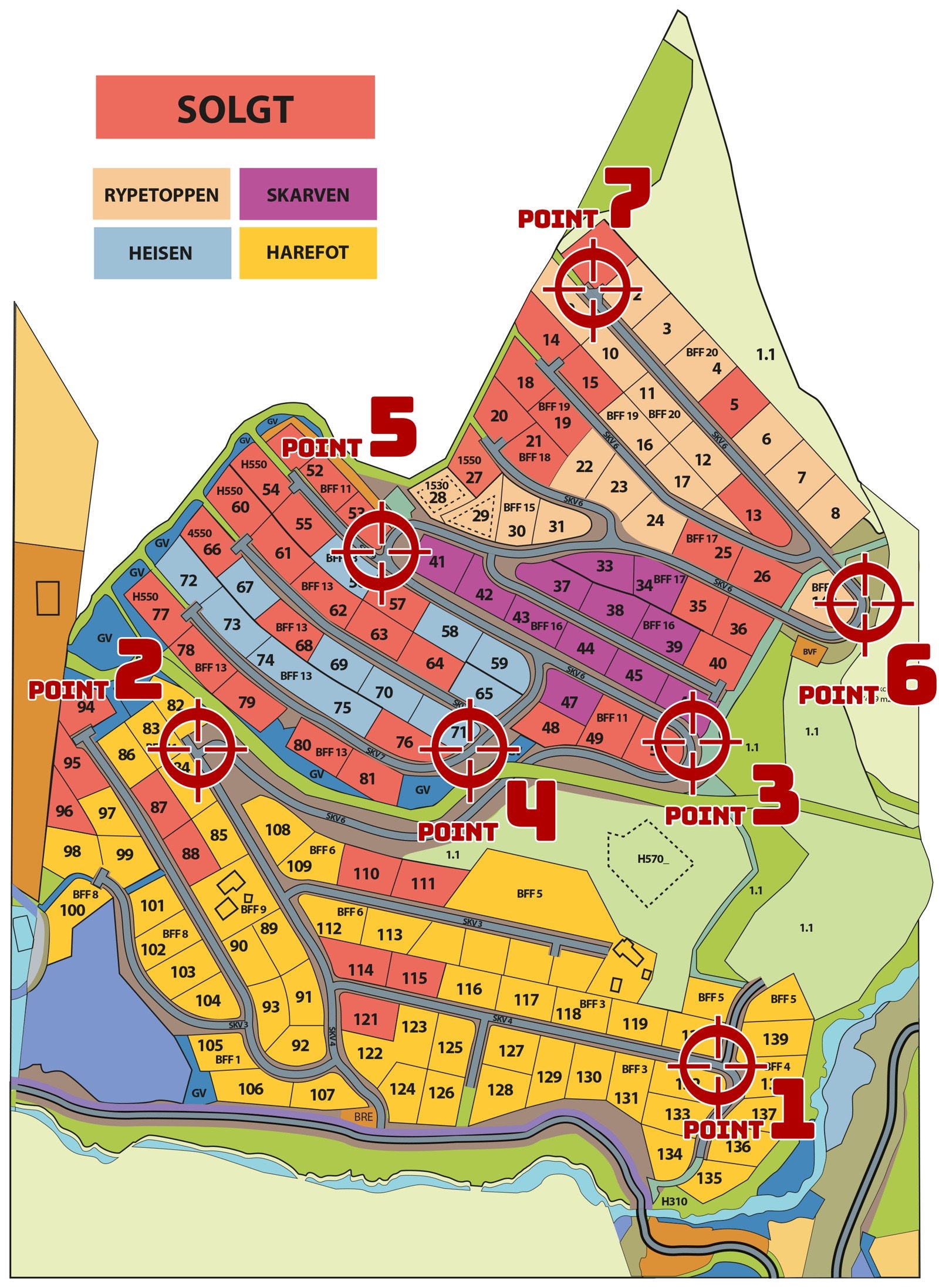 Kart over Fjellsteggen. Tomten som selges er nr.54 markert på kartet. Galleribilde