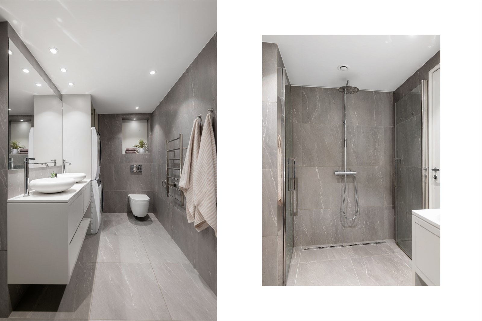 Baderommet er flislagt med gulvvarme og innredningen er bestående av skuffeseksjon med to toppmonterte bolleservanter, speil, vegghengt klosett og dusjsone med svingbare glassdører. Galleribilde