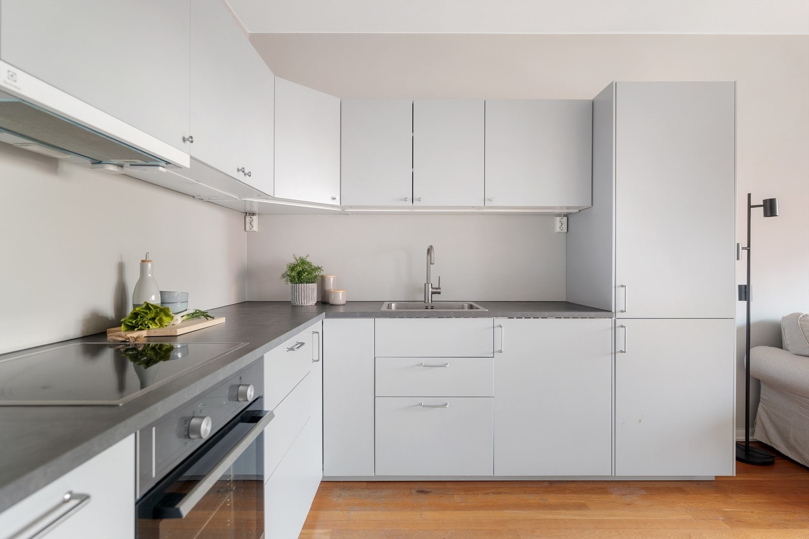 Hvitevarer som koketopp, stekeovn, oppvaskmaskin og kjøl/fryseskap er innfelt i innredningen. Galleribilde