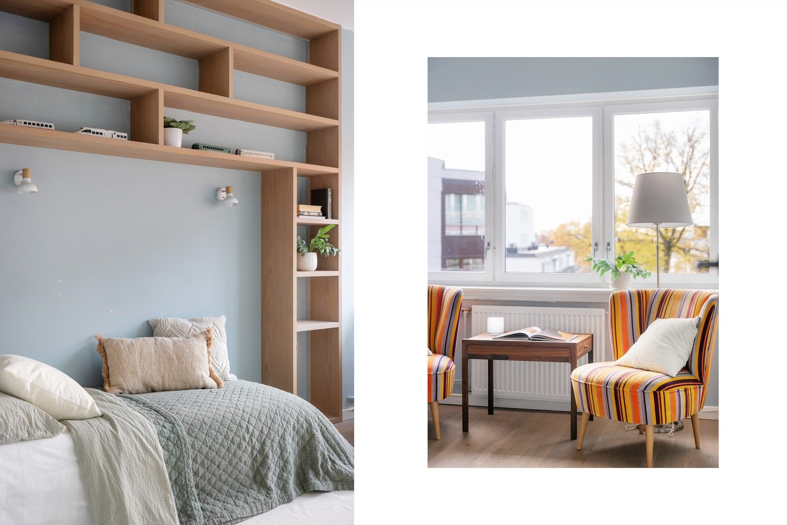 Rommet har en snekkertilpasset bokhylle og god plass til seng og øvrig møblement. Galleribilde