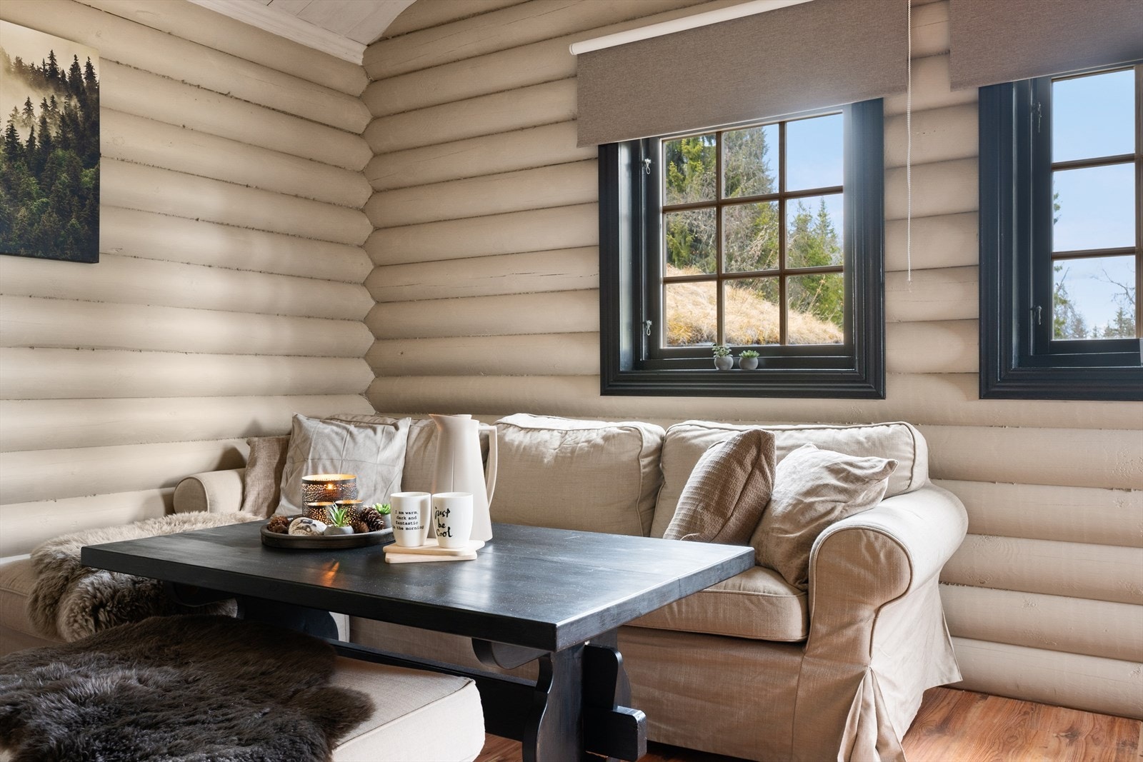 Stua er møblert med sofagruppe, TV-møbler og spisestue. Galleribilde