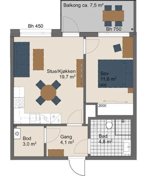 Planløsning - Balkong vender mot nord/vest Galleribilde