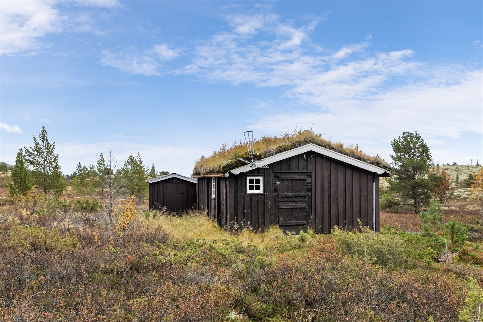 Eiendommen består av hytte og uthus med eget rom til utedo. Galleribilde