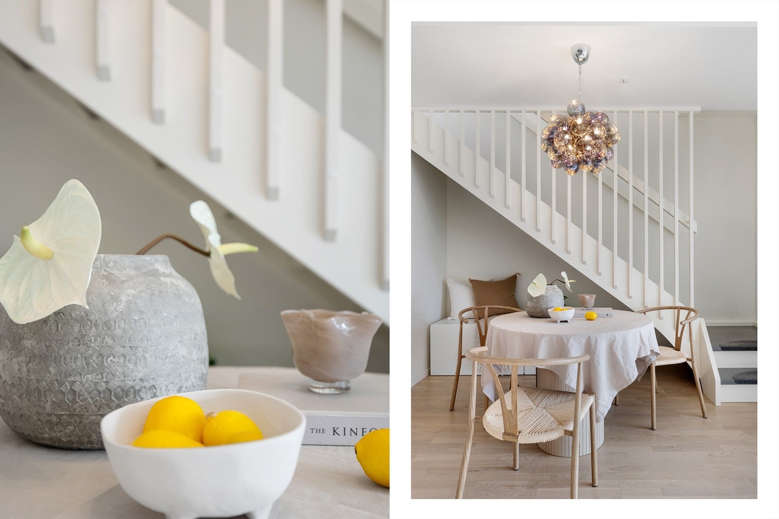 Rommets utforming sørger for enkel møblering av både spisestue og sofagruppe. Galleribilde