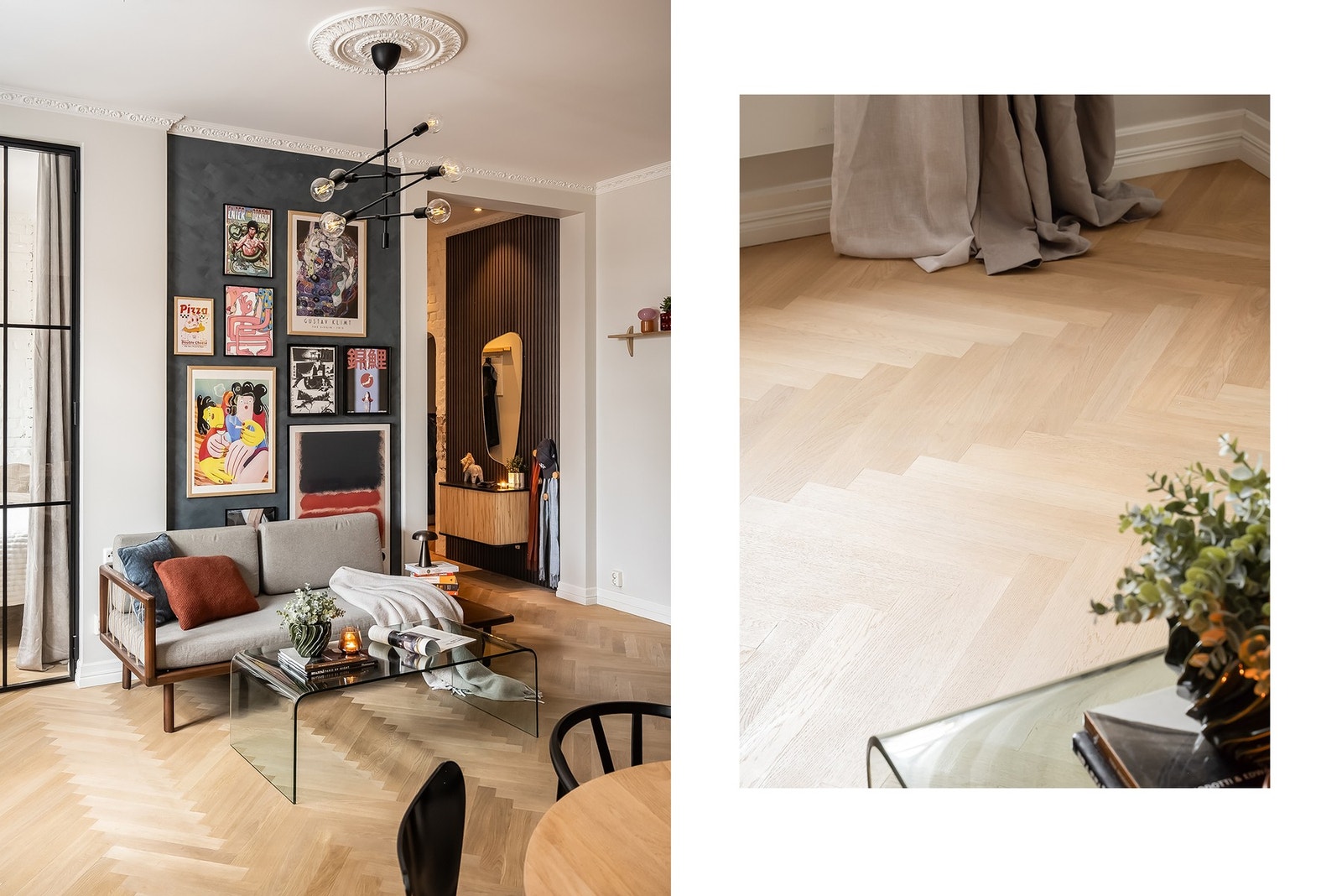 Lekker fiskebeinsparkett på gulv. Galleribilde