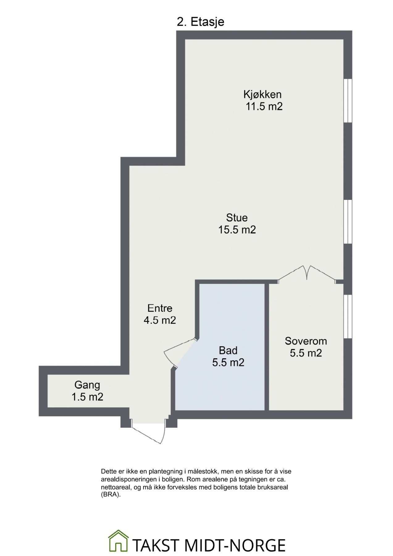 Planskisse: 2. etasje med stue, kjøkken, soverom, bad, entre og gang. Totalt areal: 45 kvadratmeter. Galleribilde