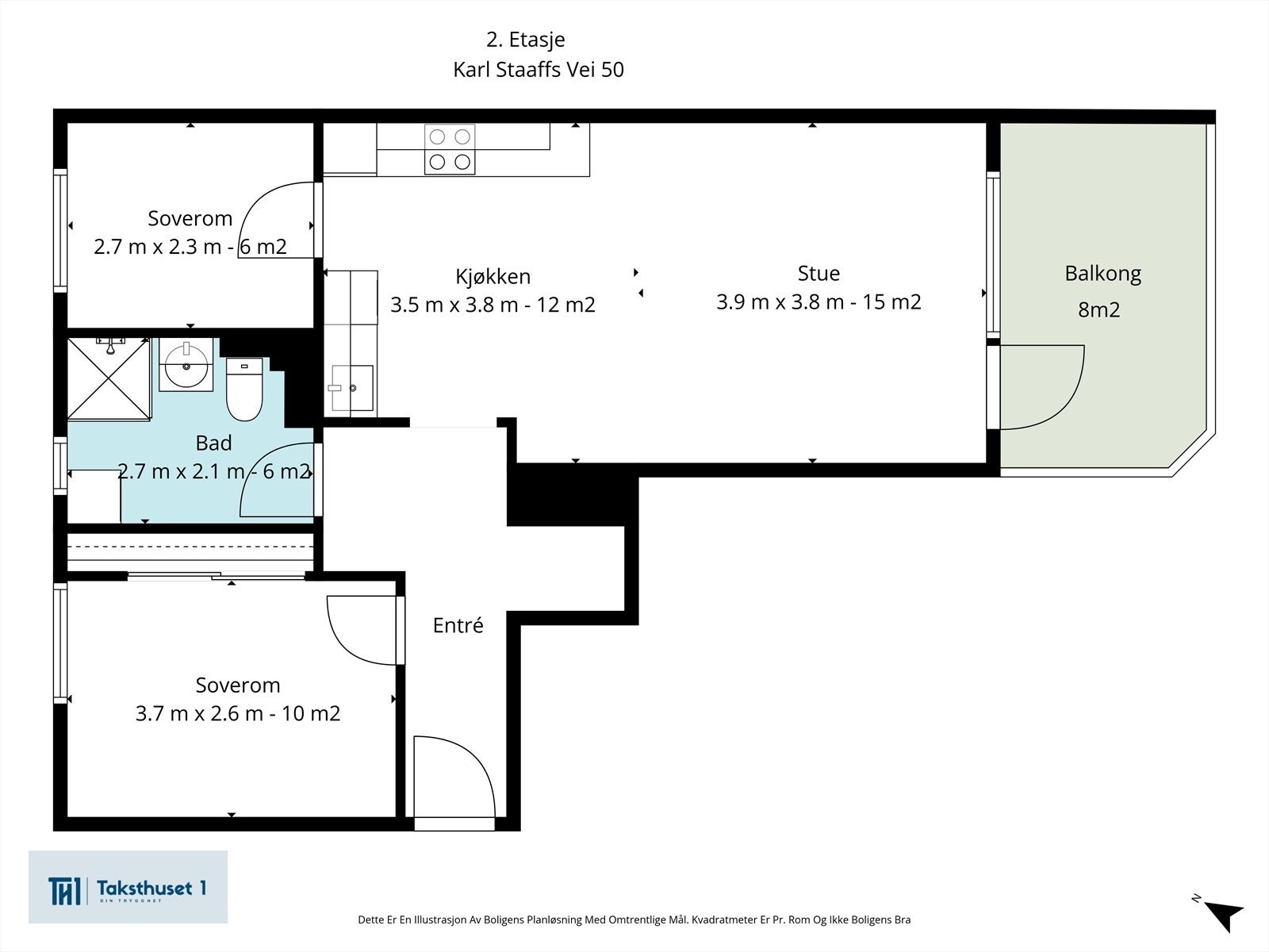 Plantegningen viser en arealeffektiv leilighet på 61 m² med to soverom, bad og åpen stue-kjøkkenløsning. Galleribilde