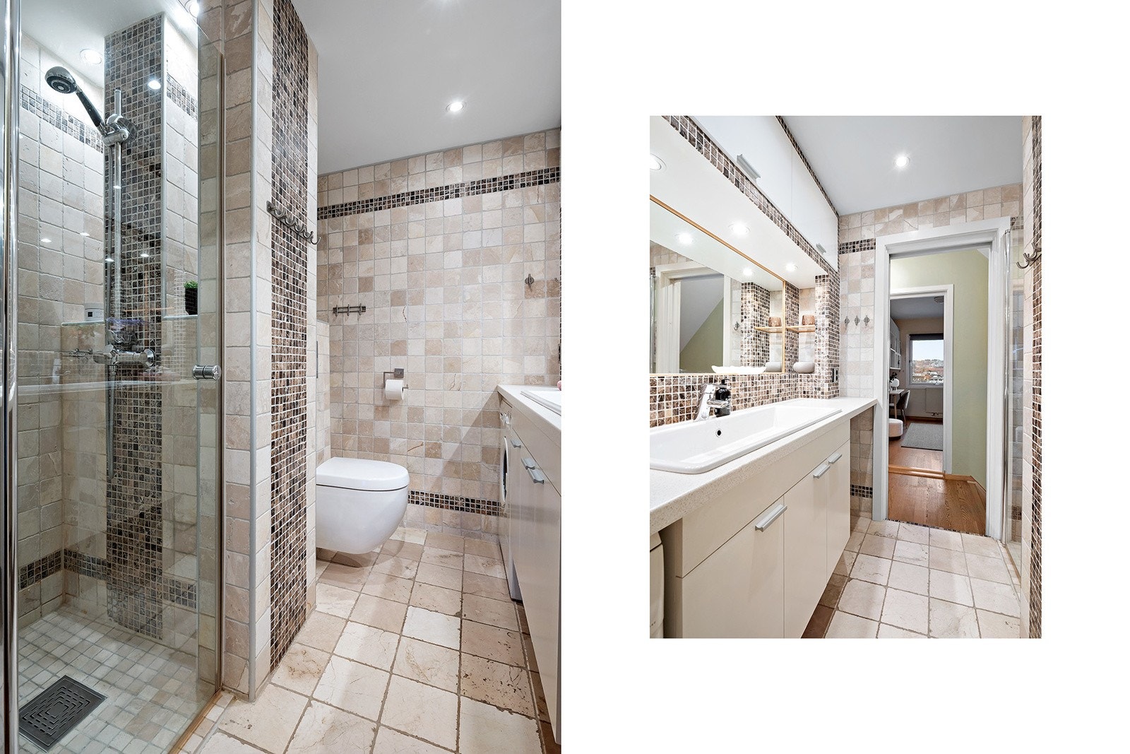 Romslig flislagt bad med downlights og varmekabler Galleribilde