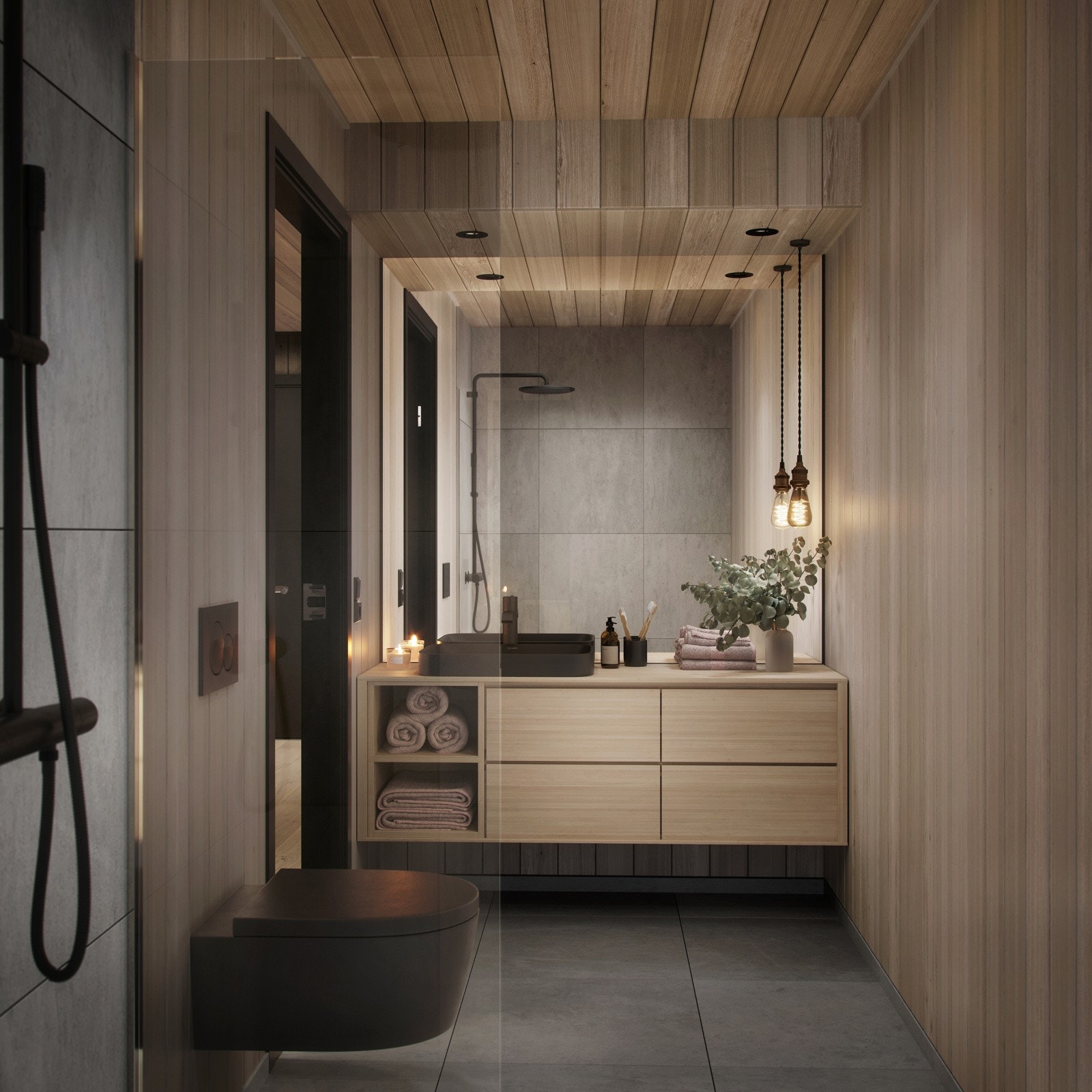 To delikate bad med lekre fliser og skreddersydd innredning i heltre ask, veggpanel og himlingspanel i lys ask samt moderne vvs-utstyr. Illustrasjon fra speilvendt hyttetype. Galleribilde