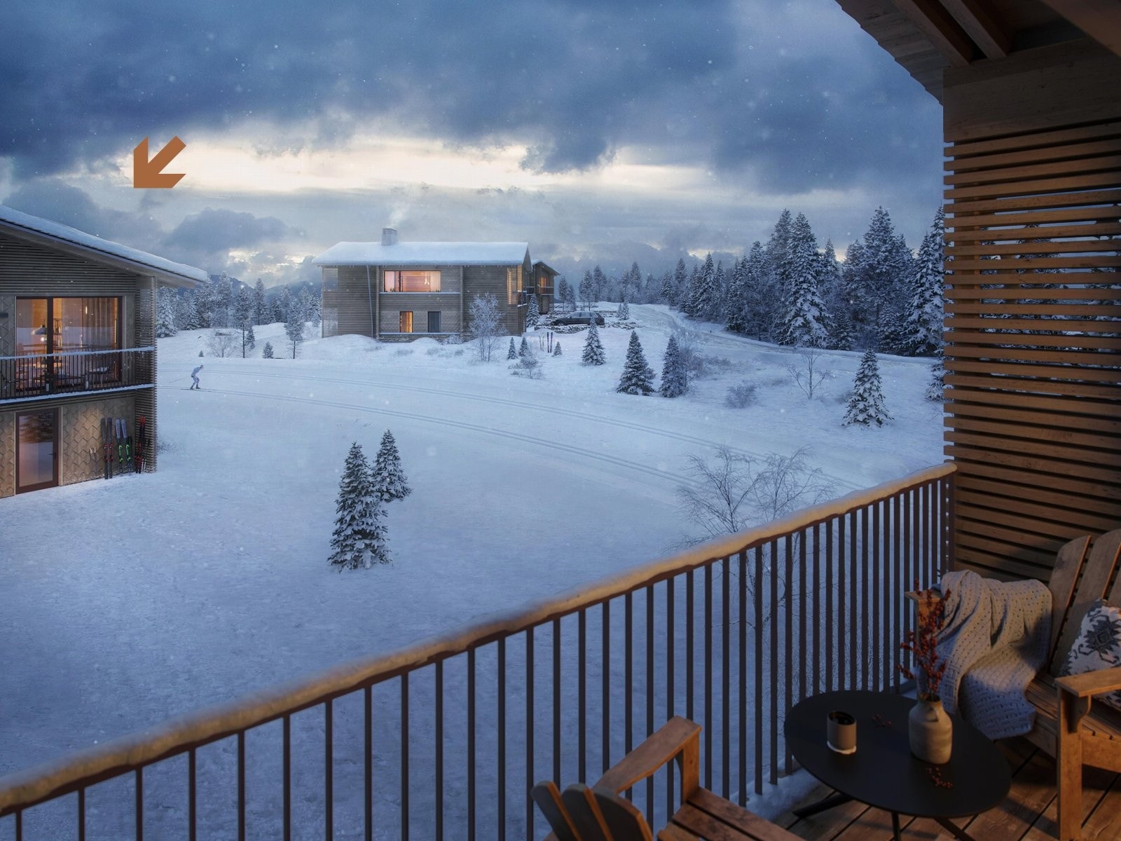 Vinterro er stedet for ro og rekreasjon. De 26 hyttene danner et tun; usjenert beliggende, uten gjennomgangstrafikk. Pilen viser Chalet 6a markert. Galleribilde