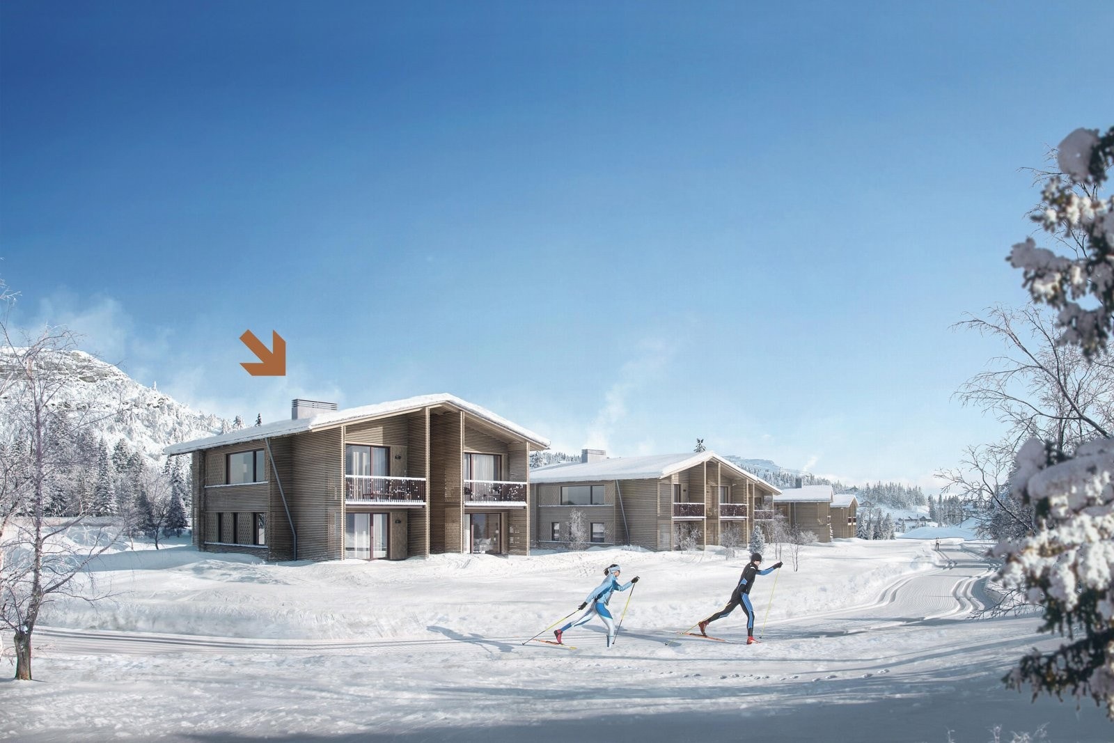 Vinterro - et særegent og eksklusivt fritidskonsept med fjellhytter av høy kvalitet! Pilen viser Chalet 6a markert. Galleribilde