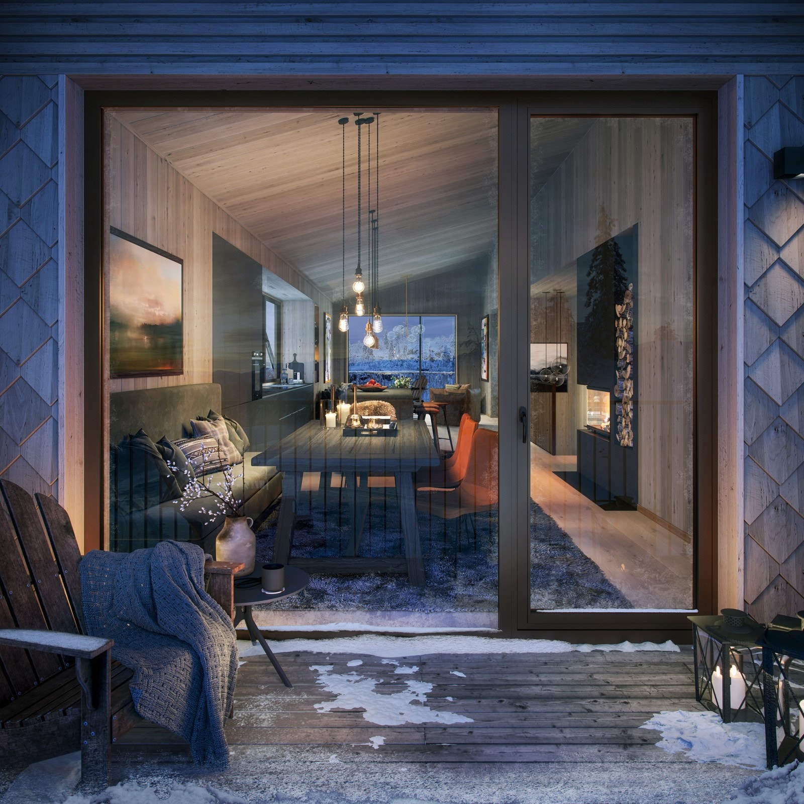 To balkonger samt stor markterrasse som kan nytes etter aktive dager i bakken eller langrennssporet. Illustrasjon fra speilvendt hyttetype. Galleribilde