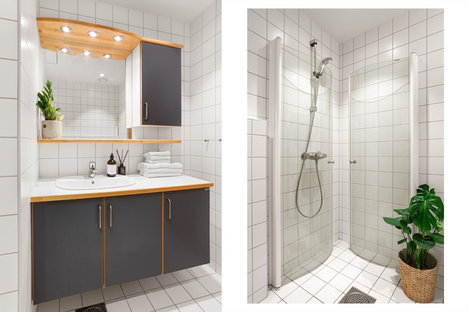 Baderommet er utstyrt med dusjnisje med innfellbare dører, servant med innredning og vegghengt toalett Galleribilde