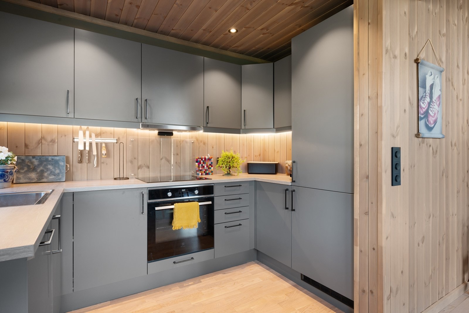 Hvitevarer som platetopp, stekeovn, kjøleskap og oppvaskmaskin er integrert. Galleribilde