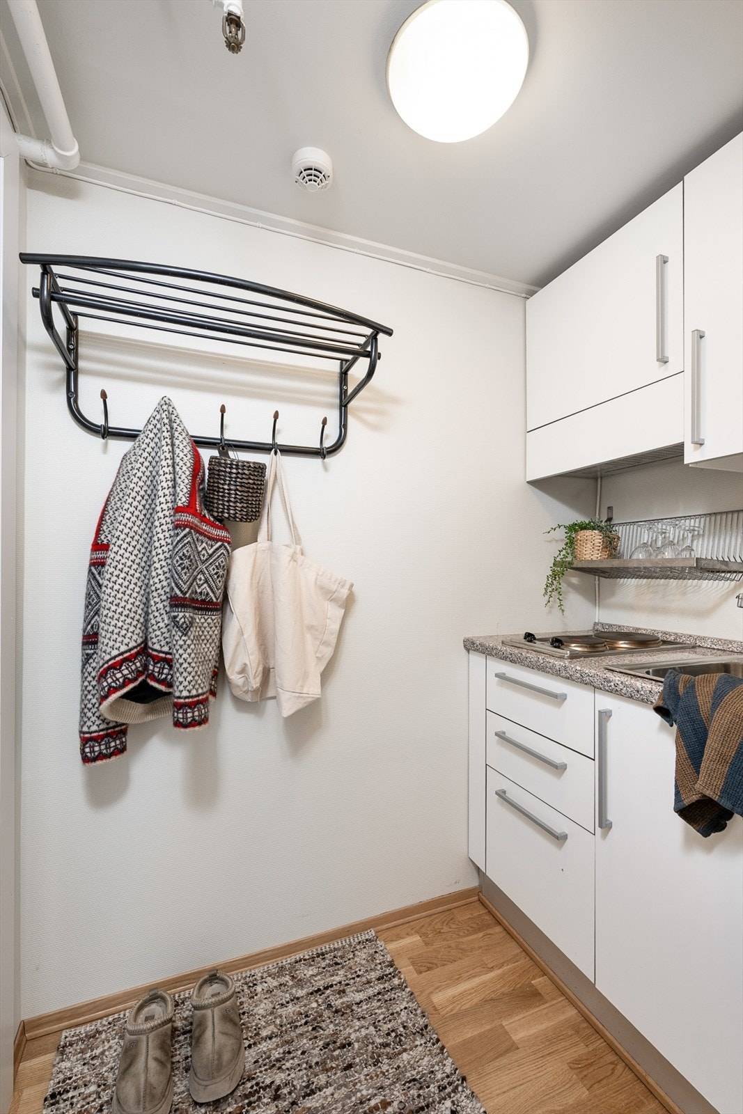 Videre finnes integrert platetopp, frittstående komfyr og kjøleskap plassert i stuen. Galleribilde