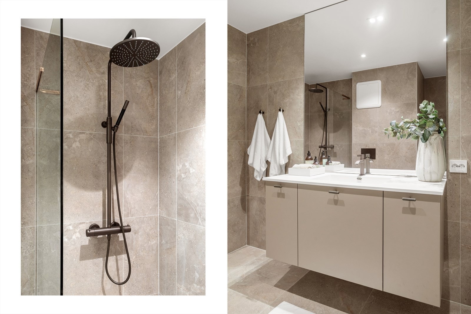 Baderomsinnredning er fra HTH. Badet har i tillegg en egen nisje for vaskemaskin og tørketrommel. Galleribilde